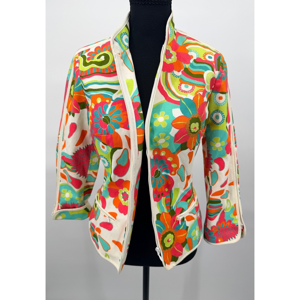 Etcetera Zip Up Jacket Women 4 Multicolor Floral Psychedelic Mock Neck
